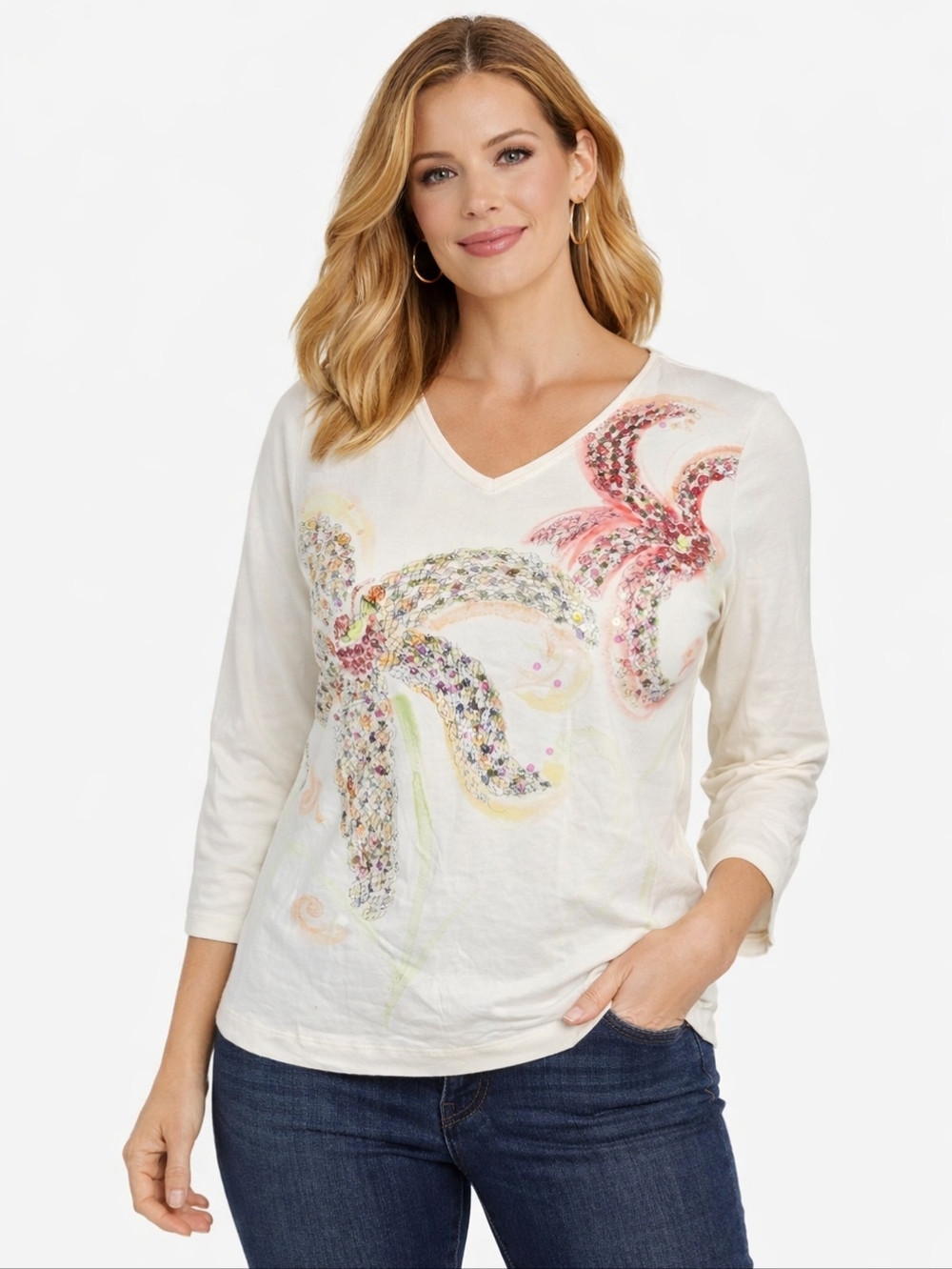 Chico's Floral Colada Top With Sequin Accents Women's Size 2